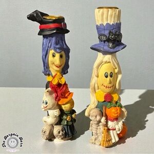 Vintage Halloween Taper Candle Holders Witch Scarecrow Resin Figurines Pair 90’s
